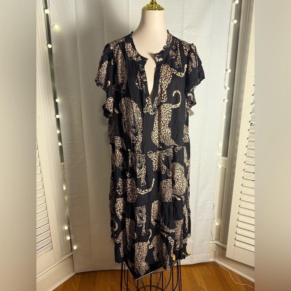 Anthropologie Black and Tan Leopard Midi Dress